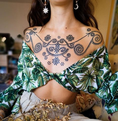 Folk Tattoo, Tatuaje Cover Up, Berber Tattoo, Healed Tattoo, Tattoo Linework, Chest Tattoos For Women, Chest Piece Tattoos, Line Work Tattoo, Dope Tattoos