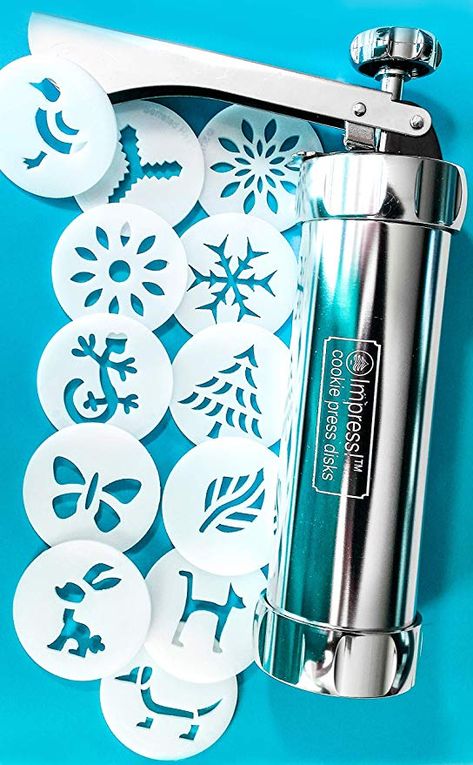 Amazon.com: Impress! Metal Cookie Press and 12 Shape Disks: Kitchen & Dining Fancy Christmas Tree, Cookie Presses, Retro Desserts, Christmas Tree Snowflake, Fancy Christmas, Spritz Cookies, Cookie Press, Delicate Butterfly, Shaped Cookie