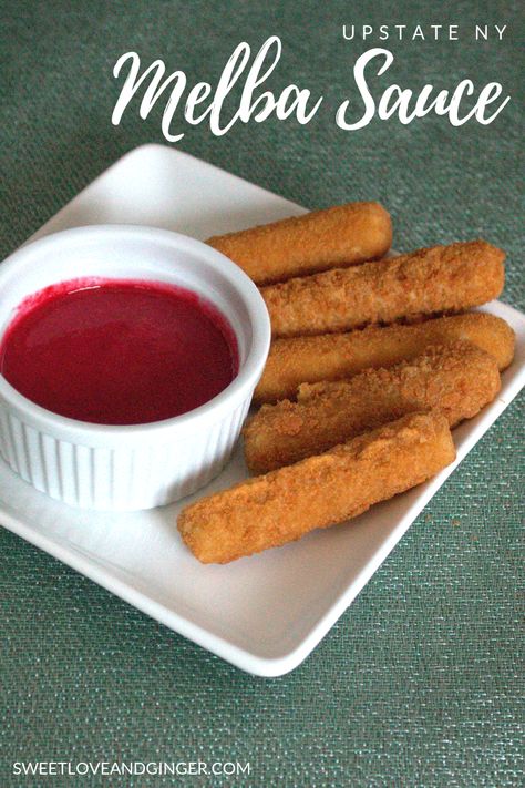 This is a recipe for Melba Sauce and Mozzarella Sticks, a typical upstate NY combination that combines sweet and salty in an amazing way. Melba Sauce Recipe, Melba Sauce, Veggie Egg Rolls, Garlic Scape Pesto, Raspberry Sauce, Duck Sauce, Empanadas Recipe, Mozzarella Sticks, Strawberry Sauce