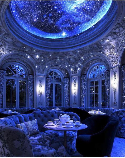 Castle In Space, Deep Blue Room, Galaxy Castle, Waiting Room Script, Telescope Room, Fae Castle, Cosmic Room, Heavenly Aesthetic, Space Castle