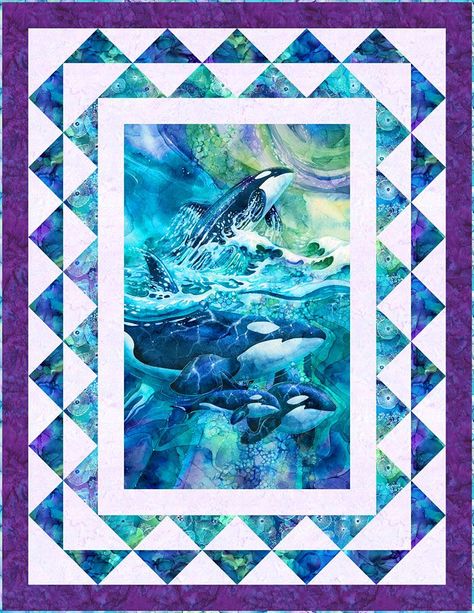 Escape into the bliss of a breaching orca pod with this enchanting aquatic free quilt pattern! Queen Size Quilt Pattern, Diy Dollhouse Books, Orca Pod, Wildlife Quilts, Sea Ideas, Whale Song, Panel Quilt Patterns, Quilt Panels, Sea Quilt