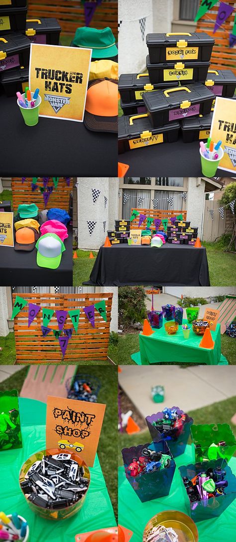 Monster Truck Party Goodie Bags, Monster Jam Birthday Games, Monster Jam Birthday Activities, Monster Truck Treat Table, Monster Jam Birthday Party Activities, Monster Truck Birthday Parties, Monster Truck Birthday Favors, Monster Jam Party Games, Monster Jam Party Decorations Diy