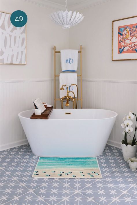 Make every day a getaway with our Gray Malin Bahamas Bath Mat. This calming interpretation of Gray's "Teal Umbrellas, Bahamas" photograph layers waves of aqua over a sandy shore for maximum vacation vibes. Coastal Bathroom Decor, Spa Inspired Bathroom, Coastal Bathroom, Gray Malin, Coastal Bathrooms, Vacation Vibes, The Gray, Bath Mats, Bahamas