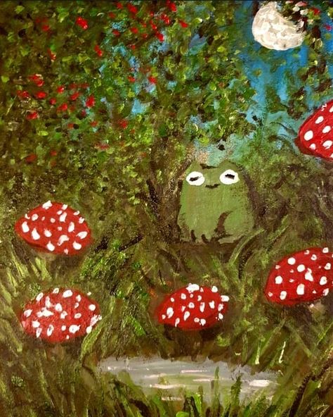 ANDY (he/him) - UK on Instagram: “Here's a paint I did of the boy a few months ago #paintingoftheday #freg #froggy #goblincore #cottagecore #kunst #frogart #mushroom #moon” Images Kawaii, Frog Art, Memes Anime, A Frog, Arte Inspo, Fairytale Art, Cute Frogs, Art Collage Wall, Funky Art