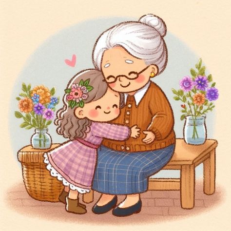 Drawings For Your Grandma, Many People Photography, Grandmother And Granddaughter Drawing, Drawings For Grandma, Grandma And Granddaughter Drawing, Family Hand Painting, Cute Grandma Drawing, Cute Grandma Cartoon, Drawing For Grandma