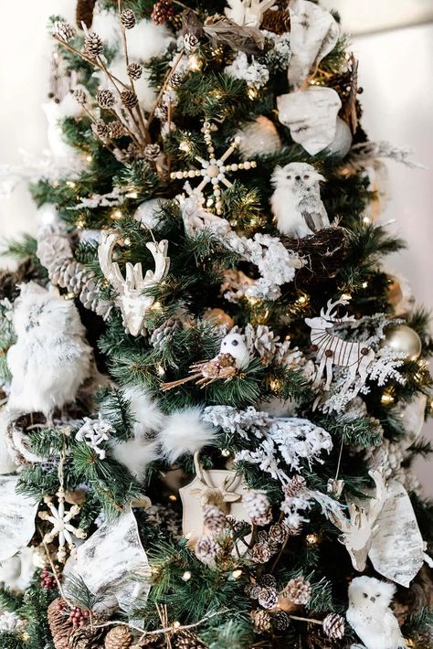 Love the birds! Try a rustic winter woodland Christmas tree theme this year. With simple natural ornaments like owls, deer, birds, and flocked branches. Find more Christmas tree ideas at PartiesWithACause.com #christmastree #christmasdecor #farmhousechristmas #christmashome Christmas Tree With Pinecones, Woodland Themed Christmas, Winter Woodland Christmas, Woodland Christmas Decor, Glam Christmas Tree, Fruit Christmas Tree, Woodland Christmas Tree, Glam Christmas Decor, Diy Christmas Decorations For Home