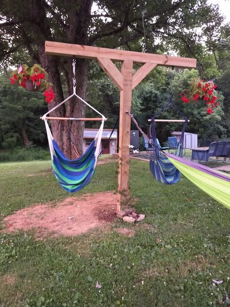 Hammock Shed, 6x6 Post Ideas Projects, Hammock Posts Diy, Hammock Ideas Backyard, Hammock Chair Stand Diy, Hammock Posts, Diy Hammock Stand, Hammock Cover, Luxurious Backyard