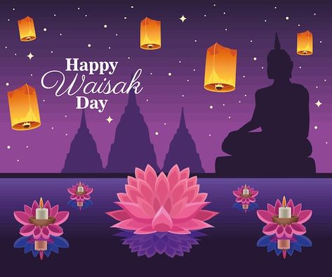 Waisak Day Poster, Happy Waisak Day, Loy Krathong Festival Art, Waisak Day Design, Waisak Day, Thailand Culture, Loy Krathong Festival, Culture Of Thailand, Lettering Poster