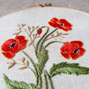 Wild Flower Poppy Pdf Hand Embroidery Beginner Botanical | Etsy Hand Embroidery Beginner, Embroidery Wreath, Embroidery Beginner, Embroidery Artists, Poppy Craft, Flower Poppy, Embroidery Online, Pillow Crafts, Easy Embroidery