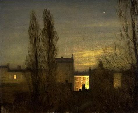 you can always find her in the shadows because her home glows -George Clausen George Clausen, George Inness, Auckland Art Gallery, Galleria D'arte, Postcard Collection, Night Scene, Night Art, Urban Landscape, Realism