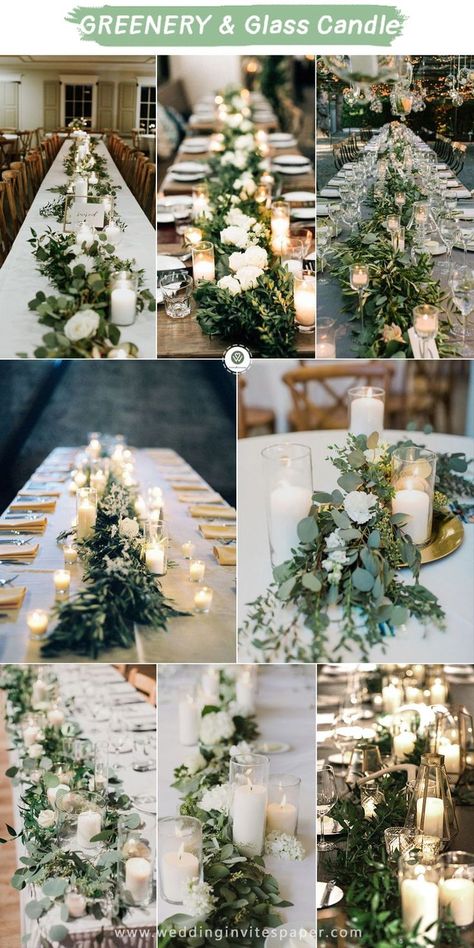 Chapel Decor, Centerpieces Greenery, Greenery Wedding Centerpieces, Greenery Centerpiece, Diy Wedding Reception, Glass Candles, Centerpieces Diy, Wedding Centerpieces Diy, Wedding Theme Colors