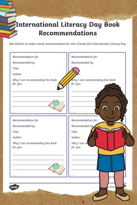 Image shows a Book Recommendation Activity for International Literacy Day. There's the illustration of a girl reading a book. The background is the printable book recommendation activity. International Literacy Day, Key Stage 2, Literacy Day, Book Recommendation, Literacy Lessons, English Resources, Mini Book, Day Book, Open Book