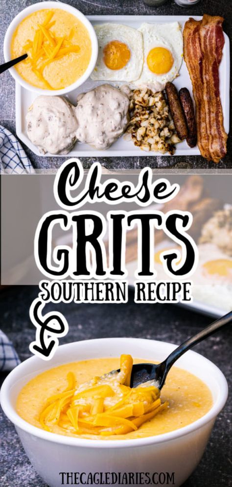 Cheese Grits – deliciously creamy, rich, and cheesy Southern breakfast meal or side dish featuring butter, cheddar cheese, and black pepper. The best ever cheesy grits recipe you’ll ever eat. Silky smooth grits that literally melt in your mouth! Southern Cheese Grits, Cheesy Grits Recipe, Cheese Grits Recipe, Grits Breakfast, Breakfast Recipes Easy Quick, Classic Southern Recipes, Creamy Grits, Southern Breakfast, Southern Recipe