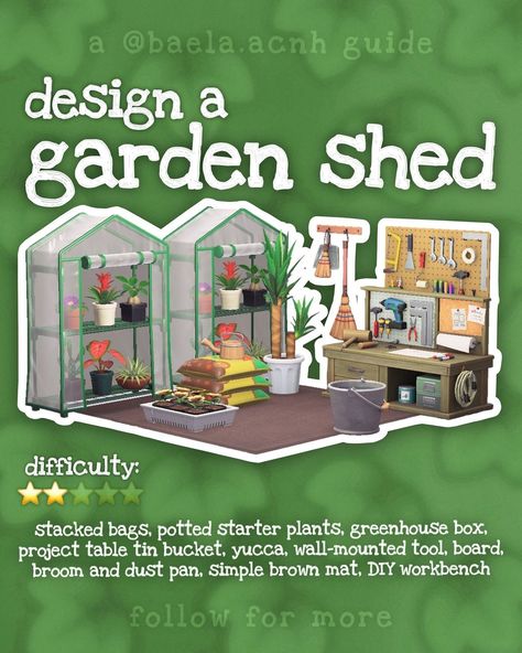 📌 SAVE this guide and steal my concept for an adorable garden shed! easily adaptable for indoors or out 🪴 don't miss out! follow… | Instagram Audie Acnh Yard, Acnh Community Garden Sign, Animal Crossing Diy Station, Animal Crossing Villager Yard Ideas, Baela.acnh Guide, Animal Crossing Greenhouse, Acnh Greenhouse Ideas, Acnh Garden Layout, Acnh Gap Filler