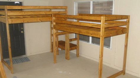 Twin Loft Beds with Shared Platform by RLBWoodworks on Etsy Double Kids Room, Corner Loft Beds, Kids Room Shared, Double Loft Beds, Bunk Beds For Girls Room, Corner Loft, Kids Rooms Shared, A Loft Bed, Bunk Bed Plans