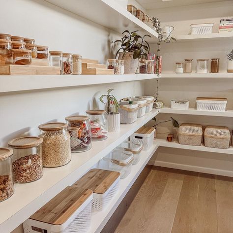 Ikea Pantry Storage, Ikea Pantry Organization, Walk In Pantry Organization, Kitchen Tall Units, Pantry Shelving Ideas, Ikea Pantry, White Pantry, Warm Wood Flooring, Wall Shelf Unit