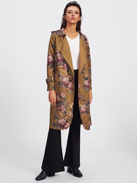 Shop Suede Random Botanical Print Trench Coat online. SheIn offers Suede Random Botanical Print Trench Coat & more to fit your fashionable needs. Trench Coat Brown, Coat Collar, Suede Trench Coat, Brown Floral Print, Long Sleeve Coat, Collar Coat, Suede Coat, Collared Coat, Long Sleeves Coats