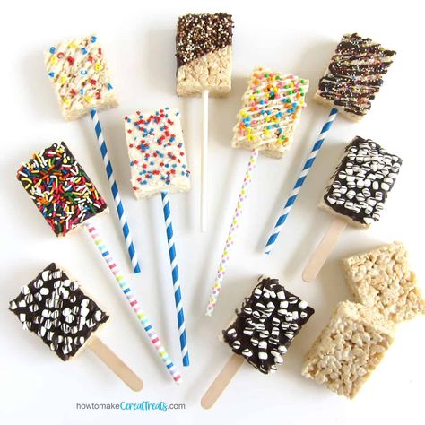 Rice Krispie Treat Pops, Rice Crispy Pops, Rice Krispies Pops, Rice Krispie Bars, Lollipop Recipe, Chocolate Dipped Treats, White Chocolate Candy, Delicious Rice, Rice Krispie Cereal