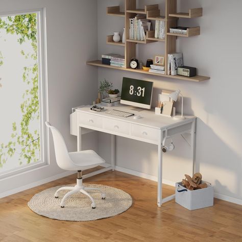 Amazon.com: Lufeiya Small White Computer Desk with Fabric Drawers for Home Office Bedroom, 40 Inch Vanity Desk with Drawer Storage and Side Pouch, Study Writing Table, White : Home & Kitchen Kids Writing Desk, Small White Desk, White Computer Desk, Desk With Drawer, Study Writing, Under Desk Storage, Office Workstations, Bedroom Desk, Home Office Bedroom