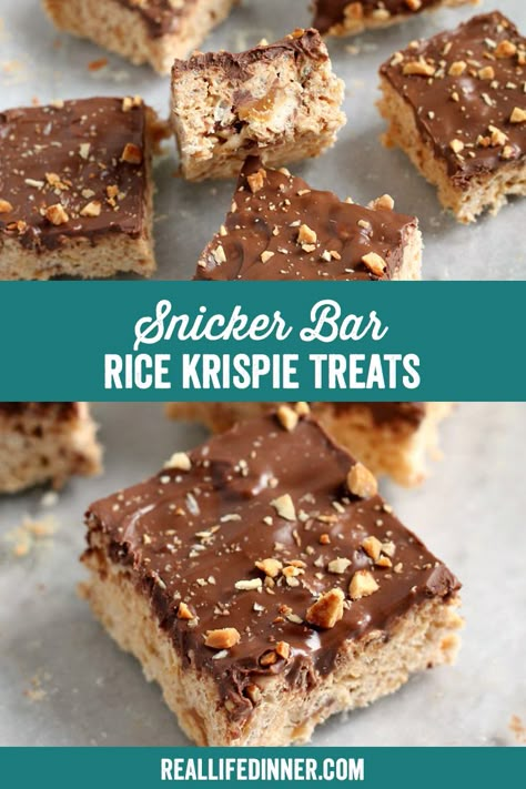 Dreamy Krispie Toffee Squares, Snickers Rice Crispy Treats, Rice Krispie Treats Smores, Carmel Rice Crispy Treats, Snicker Rice Krispie Treats, Thanksgiving Rice Krispie Treats Ideas, Cookies And Cream Rice Krispie Treats, Snickers Rice Krispie Treats, Rice Krispie Desserts