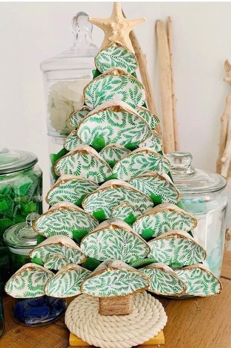 Seashell Christmas Tree Ideas Oyster Shell Christmas Trees, Seashell Christmas Trees, Shell Christmas Ornaments Diy Seashell Crafts, Christmas Crafts With Seashells, Sand Dollar Christmas Tree, She’ll Christmas Tree, Sea Shell Wreath Ideas Diy, Oyster Shell Crafts Christmas, Diy Shell Ornaments Christmas