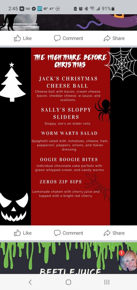 Nightmare Before Christmas Movie Night Dinner, Scary Movie Dinner Ideas, Nightmare Before Christmas Menu Ideas, Nightmare Before Christmas Dinner Ideas, Halloween Movie Dinner Theme Night, Nightmare Before Christmas Dinner, Themed Dinners Ideas, Theme Dinners, Disney Themed Movie Night