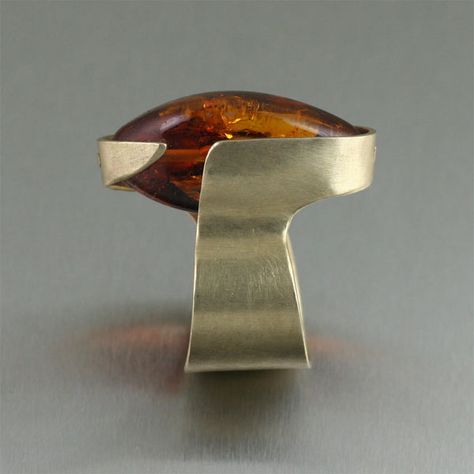 Contemporary Bronze Handmade Ring with Amber Gemstone Bead - John S Brana Modern Ring Design, Stone Settings Jewelry, Lost Wax Jewelry, Contemporary Art Jewelry, Metal Art Jewelry, Contemporary Handmade Jewelry, Metalwork Jewelry, Metalsmithing Jewelry, Mixed Metal Earrings