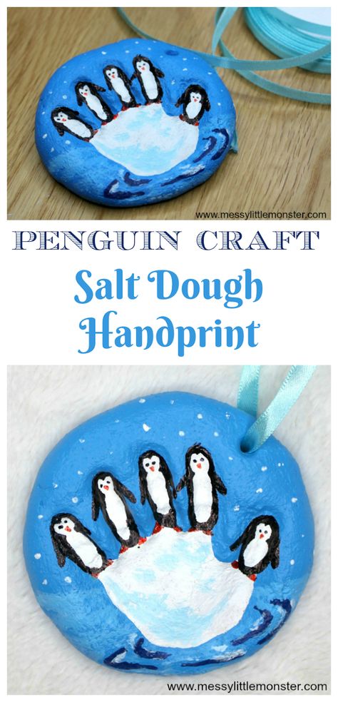 Penguin Crafts Preschool, Salt Dough Handprint, Diy Penguin, Winter Crafts For Toddlers, Fun Winter Crafts, Ornaments Crafts, Penguin Crafts, Handprint Ornaments, Penguin Craft