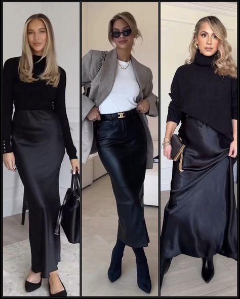 Gonna Satin Outfit, Black Satin Skirt Outfit Winter, Long Silk Skirt Outfit, Black Blouse Outfit, Black Satin Skirt Outfit, Classy Trendy Outfits, Silk Skirt Outfit, Long Skirt Winter, Skirt Outfit Casual