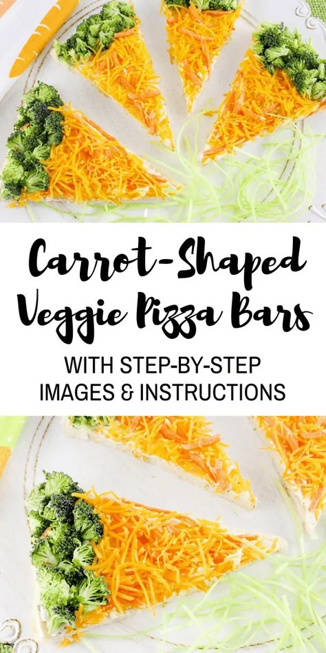 Easy Carrot-Shaped Veggie Pizza Bars Recipe Veggie Bars, Easter Appetizers Easy, Easy To Make Snacks, Easter Appetizers, Easter Dishes, Easter Snacks, Pizza Bar, Heel Loafers, Easter Carrots