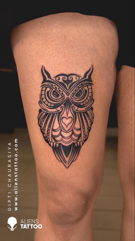 Owl Tattoo Design For Men Arm, Neo Traditional Owl Tattoo Design, Night Owl Tattoo Design, Simple Owl Tattoo Men, ဇီးကွက် Tattoo, Owl Tatoos Men, Owl Tattoo Thigh, Owl Tattoo Leg, Owl Tattoo For Women Unique