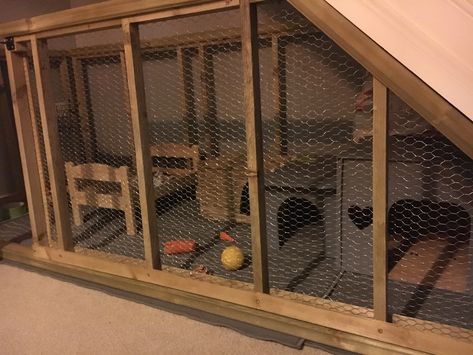 Under stairs Rabbit Enclosure Took a couple of days to build but end result is so rewarding!! Under The Stairs Rabbit House, Backyard Livestock, Rabbit Things, Diy Bunny Toys, Bunny Rabbit Crafts, Indoor Rabbit Cage, Diy Rabbit Hutch, Rabbit Pen, Rabbit Stuff