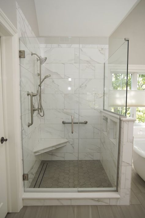 Full Glass Wall Shower with Corner Bench Shower With Corner Bench, Shower Wall Ideas, Corner Shower Seat, Glass Shower Wall, Spa Oasis, Full Bathroom Remodel, White Bathroom Designs, Bathroom Shower Walls, Corner Bench