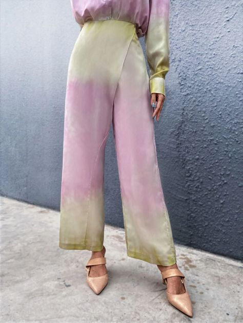 Ombre Wrap Detail Wide Leg Pants | SHEIN USA Dye Pants, Cotton Frocks, Tie Dye Fashion, Satin Set, Ombre Fashion, Silk Set, Shein Outfits, Yellow Outfit, Black Pants Casual