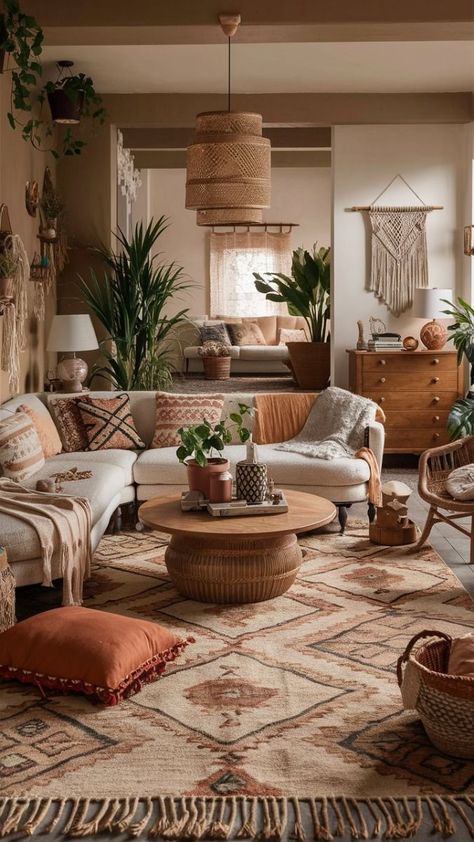 Earthy Wood Living Room, Boho Mood Board Inspiration, Tiny Livingrooms Design, Boho Front Room, Warm Tone House Interior, Boho Tiny House Interiors, Boho Waiting Room, Boho Lounge Room Ideas, Boho Interior Design Bohemian Homes