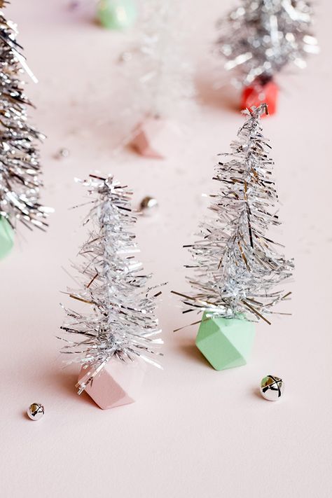 Easy DIY Tinsel Trees | Handmade Charlotte Diy Tinsel Tree, Tinsel Tree Decorating Ideas, Silver Christmas Tree Ideas, Diy Tinsel, Silver Tinsel Christmas Tree, Silver Tinsel Tree, Tiny Christmas Trees, Tree Decorating Ideas, Tinsel Christmas Tree