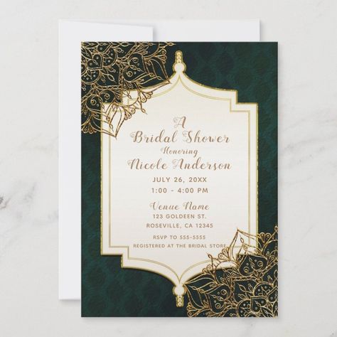 Green & Gold Moroccan Arabian Nights Bridal Shower Invitation  Zazzle Arabian Nights Sweet 16, Arabian Nights Wedding, Indian Hindu Wedding, Eid Fitr, Sweet 16 Party Invitations, Elegant Engagement Party, Addressing Wedding Invitations, 16 Invitations, Wedding Invitation Size