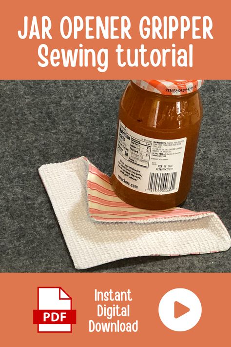 Open jars with ease using our DIY jar opener gripper sewing tutorial! Our step-by-step instructions and downloadable PDF pattern make it simple to create a functional and practical kitchen accessory, and our video tutorial provides extra guidance. Customize with your own fabric for a fun and personalized touch. Jar Grippers Free Pattern, Jar Opener Easy Sewing Project, Eyeglass Cases Pattern, Makeup Bag Pattern, Arthritic Hands, Diy Jar, Practical Kitchen, Jar Opener, Jar Diy