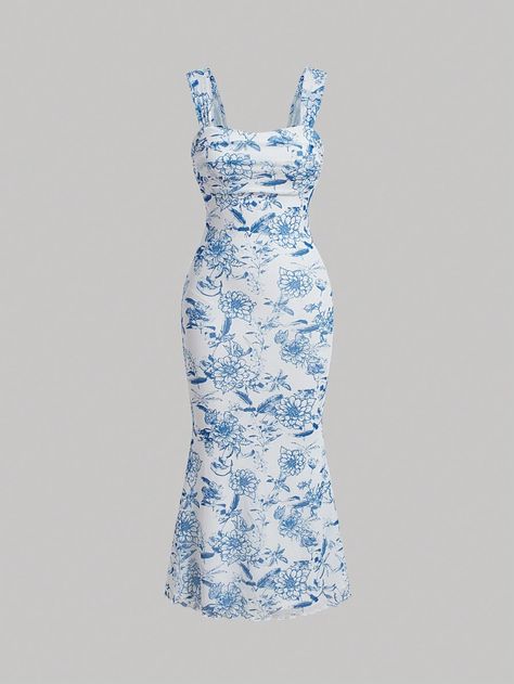 SHEIN MOD Flower Print High-Low Hem Sleeveless Waist Cinched A-Line DressI discovered amazing products on SHEIN.com, come check them out! Vestido Shein, Blue Flower Dress, Sleepwear Fashion, Bridesmaid Dresses Plus Size, Shein Dress, School Dresses, Easy Trendy Outfits, Grad Dresses, Fabric Floral