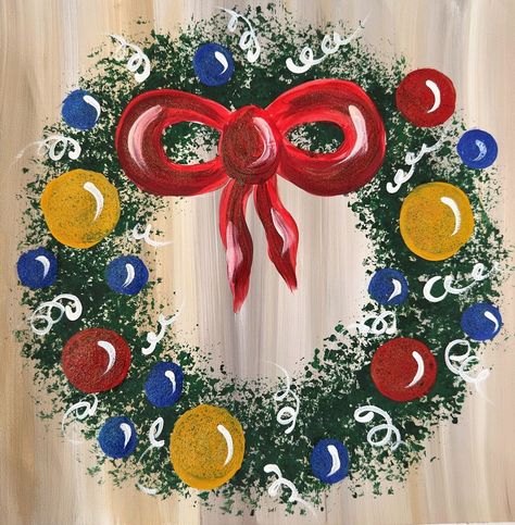 Christmas Wreath Painting On Canvas, Canvas Painting Ideas Easy Christmas, Christmas Garland Painting, Wreath Painting Christmas, Christmas Wreath Painting Acrylic, Christmas Wreath Drawing Simple, Cute Christmas Paintings On Canvas Easy, Christmas Window Painting Easy, Christmas Paintings Easy Simple