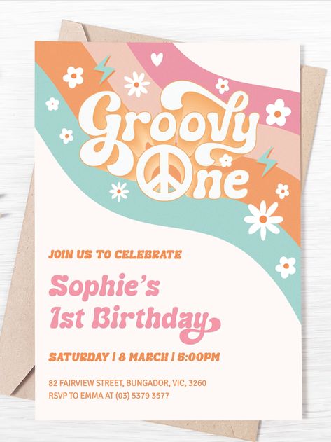 Groovy Party Invitations, Groovy One Invite, Groovy 1st Birthday, Groovy One Invitations, 2 Groovy Birthday Party Invites, Groovy One Birthday, Groovy Birthday Invitation, Groovy One, Groovy Party