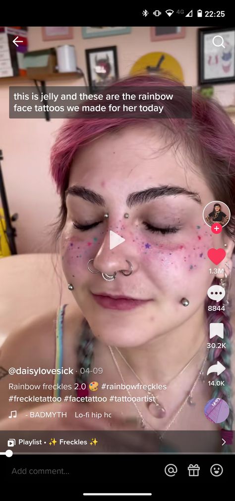 Rainbow Tattoo Freckles, Confetti Freckles Tattoo, Colored Freckles Tattoo, Star Freckle Tattoo Face, Color Freckles Tattoo, Tattoo Freckles Colorful, Rainbow Freckle Tattoo, Star Tattoo Face, Freckle Star Tattoo