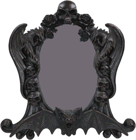 ༺♰༻ coffin decor | gothic decor | goth bedroom | goth room decor | goth furniture |gothic home decor | decor | moody decor | spooky halloween decor | dark decor |goth | gothic style | gothstyle | gothy | halloween | halloween decor | halloween season | spooky | skull decor | gothic wall decor | halloween stuff Vampire Lair, Dark Alchemy, Nosferatu Vampire, Mirror Sculpture, Vampire Photo, Bat Skull, Desktop Table, Wall Hanging Mirror, Skull And Roses