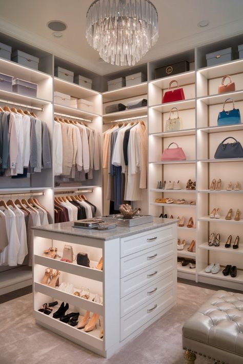 Get inspired by these stunning dream closet designs! From boutique-style closets to clever small-space solutions, create the closet of your dreams. Women Walk In Closet Ideas, His And Hers Walk In Closet Ideas, Teenage Walk In Closet, Womens Master Closet Ideas, Closet Of Dresses, Closet Designs With Island, Walk In Closet Inspo Aesthetic, Small Dream Closet, Dream Closet Design Small Space