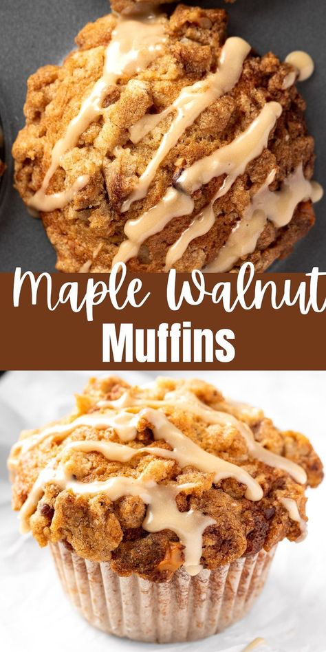 These maple walnut muffins are the best muffins to make for fall & winter. Crispy on the outside and soft on the inside. Made with brown sugar, cinnamon, maple syrup, vanilla and toasted walnuts. With a toasted nut streusel topping and drizzled with a sweet maple glaze for an extra-decadent breakfast recipe. Maple Pecan Muffins Recipe, Maple Nut Muffins, Recipes With Pure Maple Syrup, Uses For Maple Cream, Cinnamon Walnut Muffins, Maple Brown Sugar Muffins, Oatmeal Walnut Muffins, Quick And Easy Sweet Breakfast Recipes, Maple Brown Sugar Oatmeal Muffins