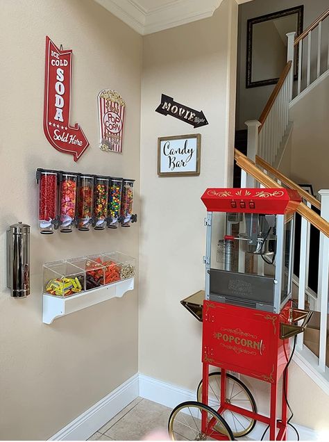 Movie Room Snack Bar, Movie Room Snack Bar Ideas, Closet Bar Ideas, Diy Movie Theater Room, Basement Dry Bar Ideas, Movie Night Candy, Small Home Theater Rooms, Small Movie Room, Teen Game Rooms