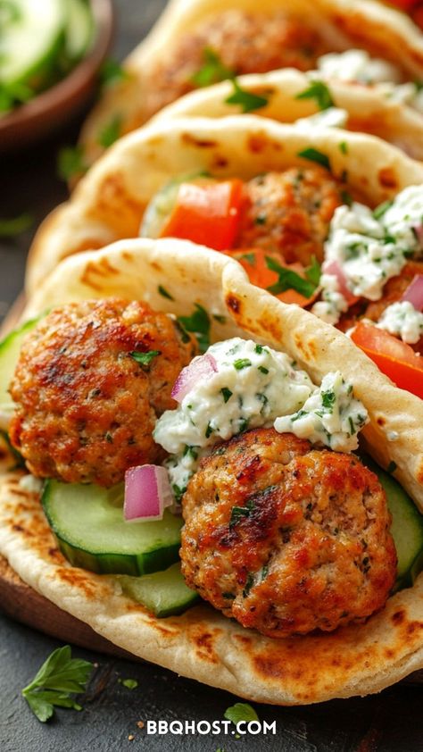 These Turkey Gyro Meatballs are simple to make and full of flavor. Fill your gyros with tzatziki, hummus, cucumber, and feta for the ultimate Mediterranean feast. Pin now and check out the blog for more recipes! Gyro Meatballs, Turkey Meatball Recipes, Feta Meatballs, Bbq Turkey Meatballs, Mediterranean Feast, Hummus Cucumber, Turkey Meatballs Healthy, Turkey Meatball, Smoked Turkey Recipes