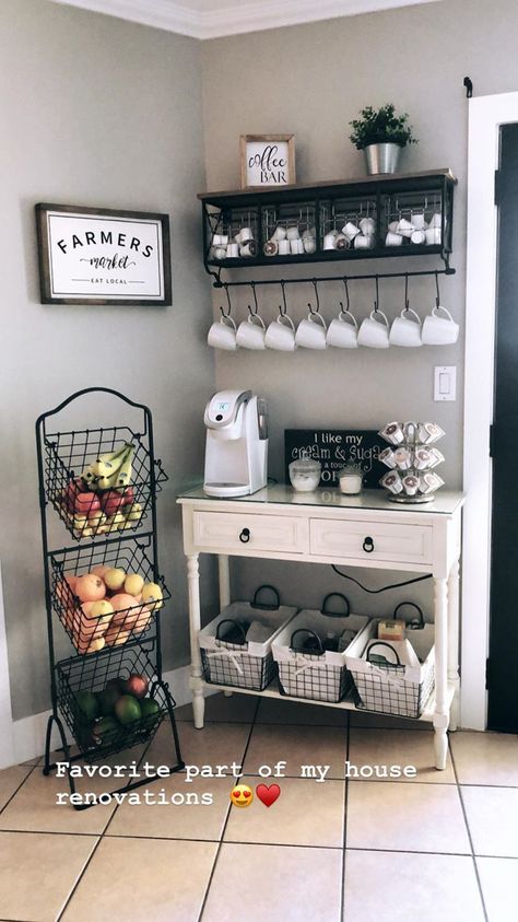 Kitchen Fruit Storage Ideas, Fruit Storage Ideas, Coffee Bar Ideas Kitchen, At Home Coffee Bar, Coffee Bar In Kitchen, Bar In Kitchen, Coffee Bar At Home, Coffee Bar Ideas Kitchen Counter, Bar At Home