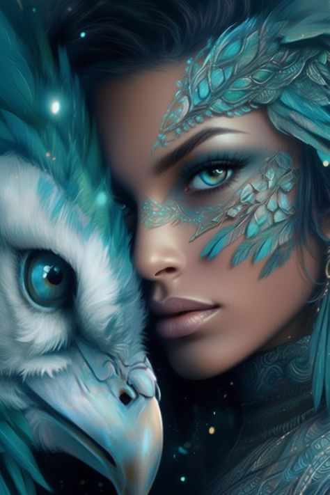 Fantasy Bird Woman Close-up Face With Wings, Bird Woman Art, Women Picture, Bird Human Hybrid, Female Face Drawing, Spiritual Animal, Animal Spirit Guides, Angel Warrior, Wings Art