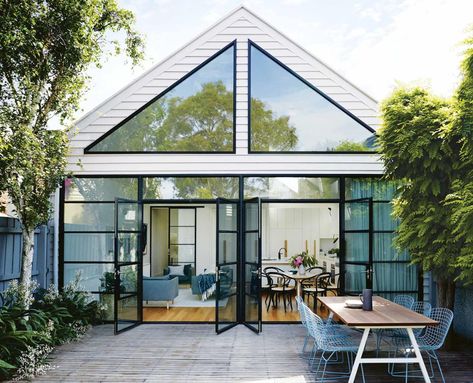 Doors To Patio, Scandinavian Exterior Design, Victorian Villa, Steel Frame Doors, Black Window Frames, Palm Springs Style, Black Window, Black Interior Design, Glass Extension